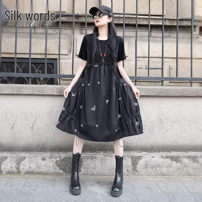 Women s Round Neck Patchwork A-Line Dress L