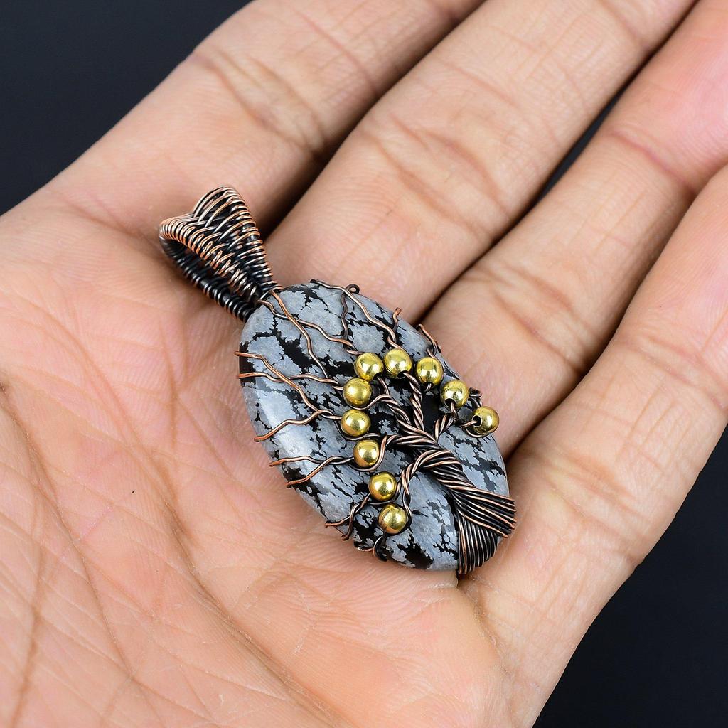 Snowflake Obsidian Pendant, 999 Copper Wire Wrapped Gemstone Handmade Dainty Jewelry Pendant, For Her
