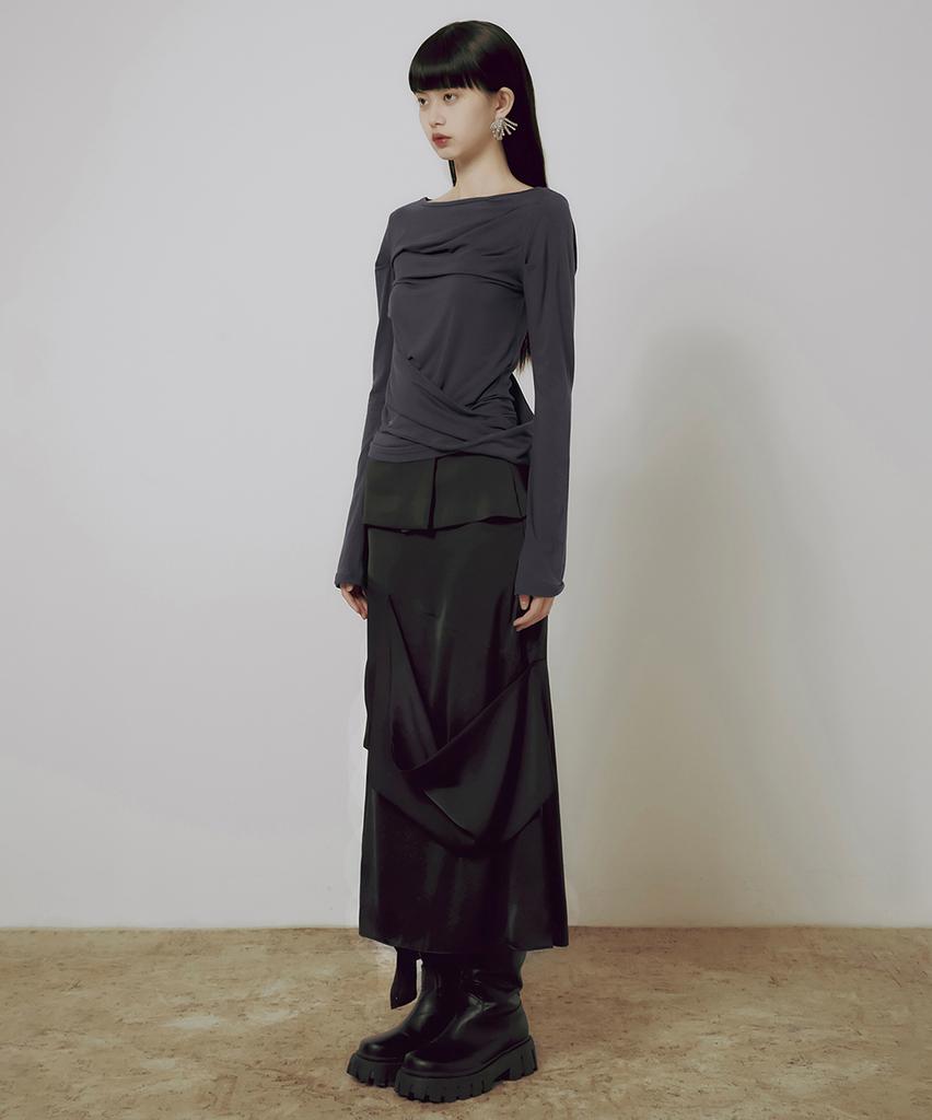 Peulleeoeob 2.Drape Layered Maxi Skirt (Fl-241_Black)