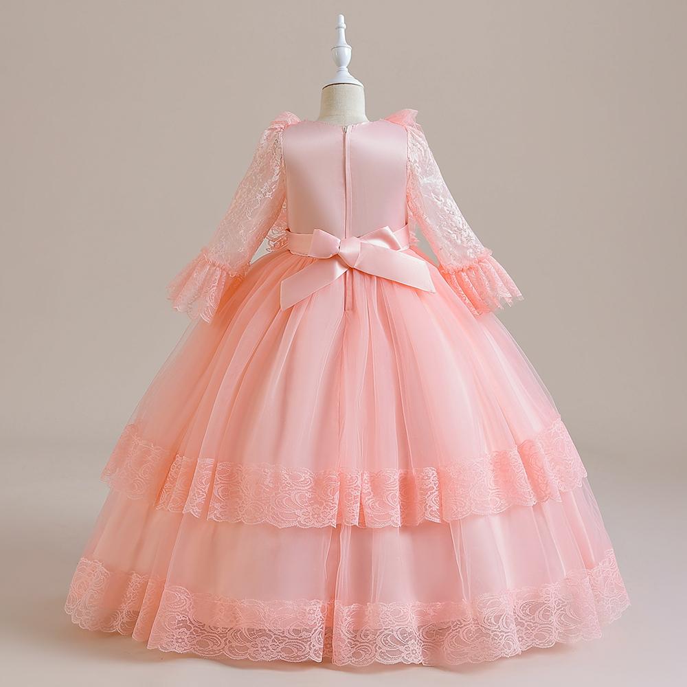 Flauschige Mädchen-Partykleider, weiße Spitze, Schleife, Bridemaid, Hochzeit, Prinzessin, Kinderkleid für Mädchen, halbe Ärmel, Geburtstagskleid, Kostüm