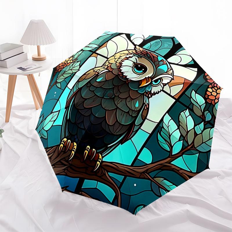 Stained Owl Design Automatic Opening Folding Umbrella with 8-Bone Iron Frame, Suitable for Fans, Travel, Daily Use, Ideal Gift for Outdoor E