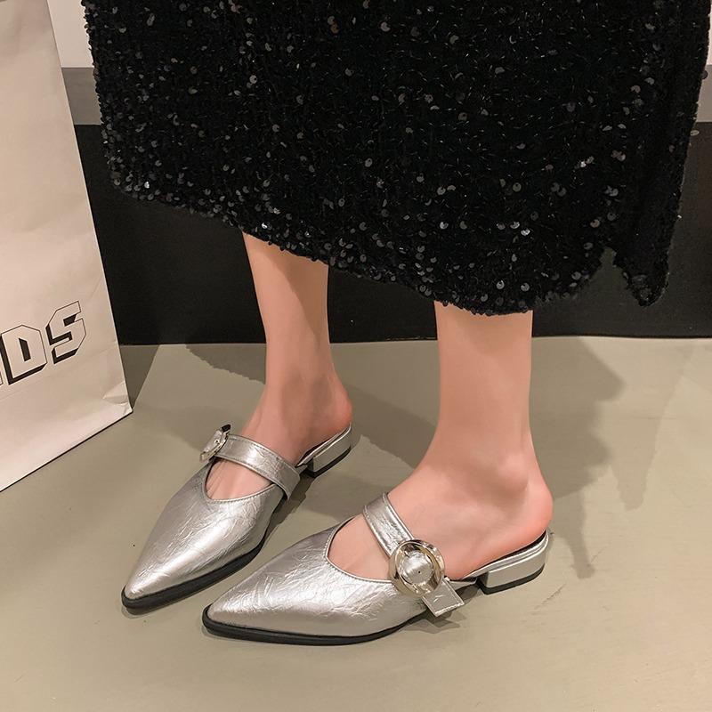 Fashion 2025 NEW Summer Women Mules Genuine Women Shoes Round Toe Low Heel Shoes Cover Toe Slingback Sandals Modern Slippers