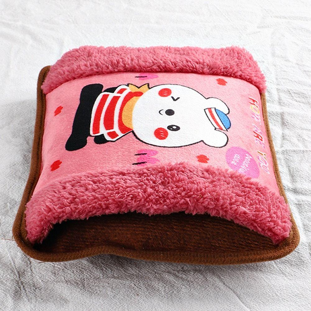 Flannelette Electric Hot Water Bottle EU Plug Cartoon Pattern Winter Heated Bag Explosion-Proof Random Color