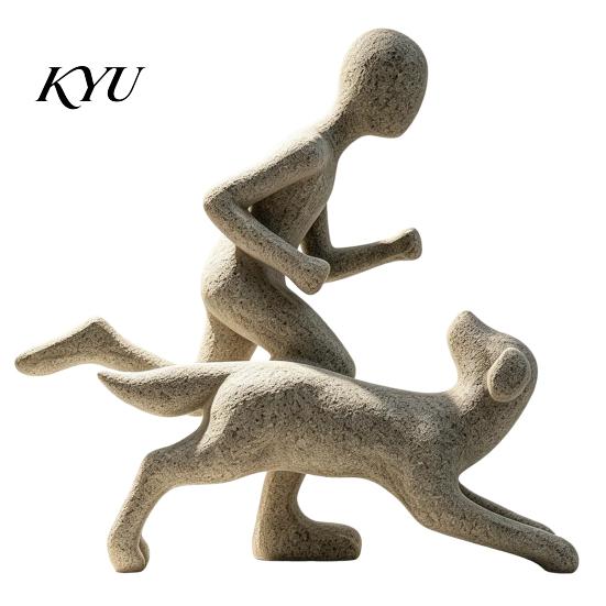 Dekorative Regalstatue für Haustierverlust, Abstrakte Mensch-Hund Harzfigurine, Sandsteinstruktur Bindungsskulptur, Gedenk-Souvenirs, Elternhaus