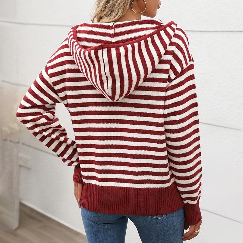 Women's Retro Striped Zipper Hooded Sweater - Autumn/Winter Casual Pullover Jacket