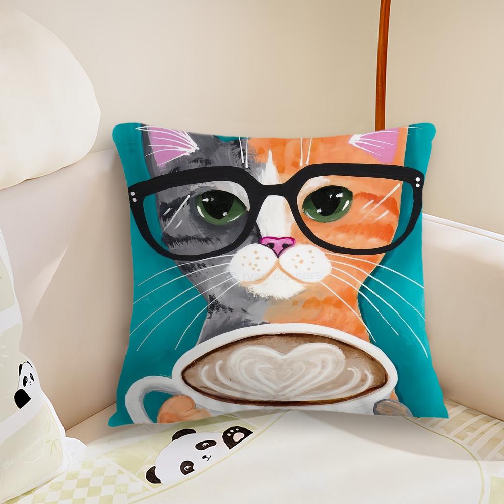 Cartoon Iced Coffee Cat Cushion Cover Plush Fabric Soft Double Sided Print Sofa Cushion Cover Throw Pillow Covers