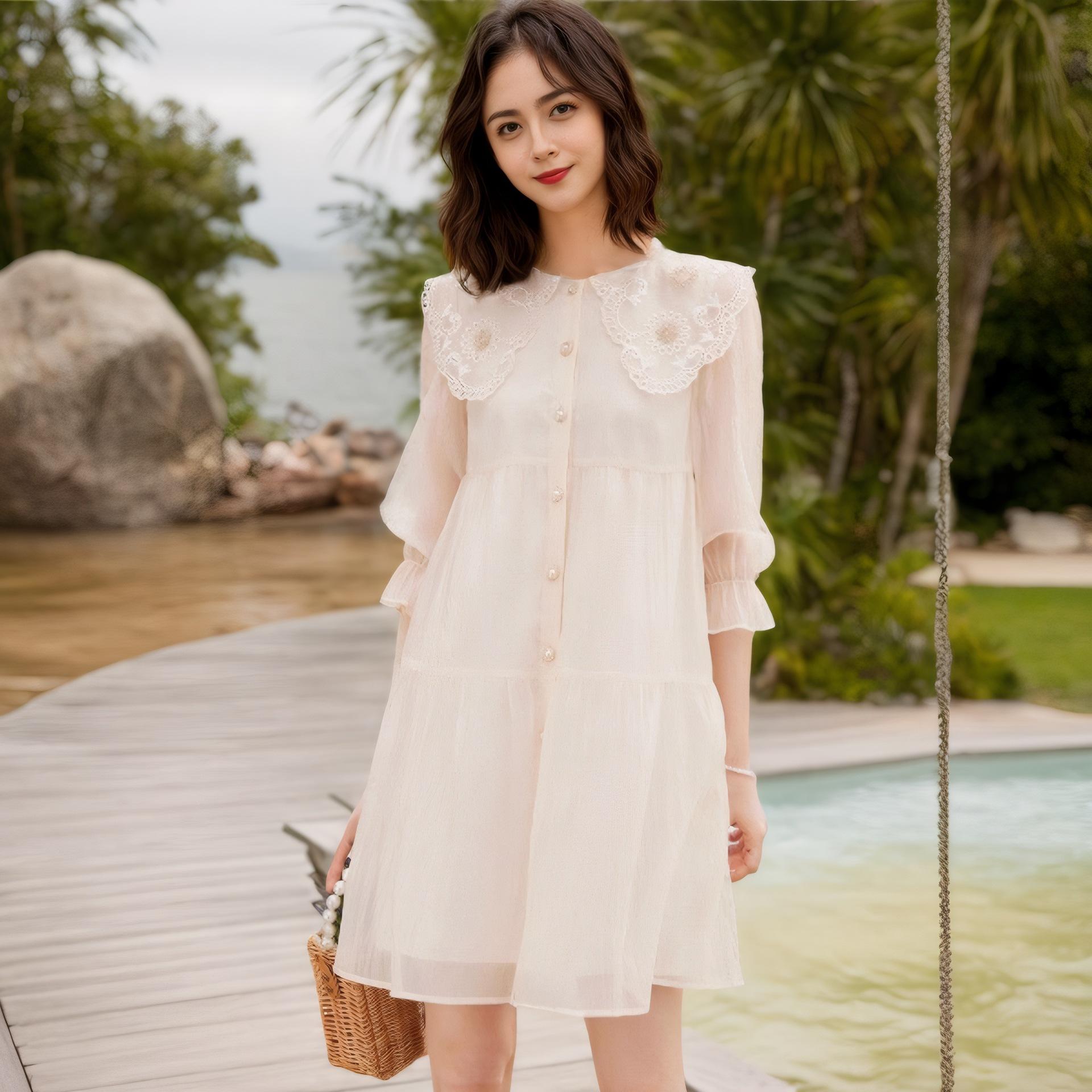 

Весна и лето Новое вышитое кукольное воротниковое А-образное платье с имитацией объемного блеска XL