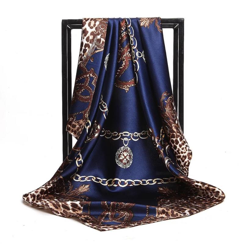 Luxury Women Silk Scarf Square Bandana Design Brand Headband Female Satin Hijab Large Shawl Wrap Lady Kerchief Chain Print New