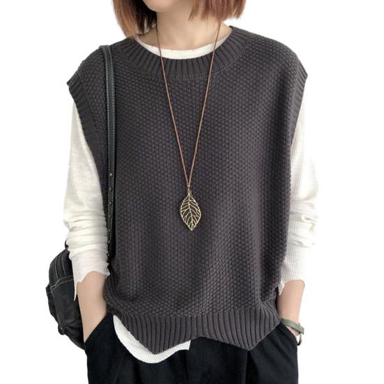 Strikket vest for kvinner O-hals Hem Varm Ensfarge Bølget Myk Løs Uformell Dame Vest Ermeløs Topp