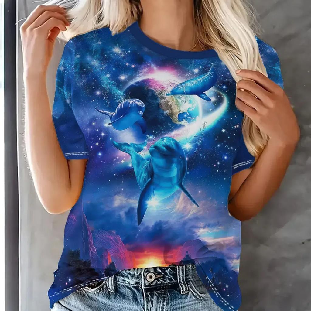 Lustige Damen-T-Shirts mit Cartoon-Hund, Zeichentrickfiguren, süßes T-Shirt mit 3D-Druck, lässiges Kurzarm-Oberteil mit Rundhalsausschnitt, weibliche Kleidung