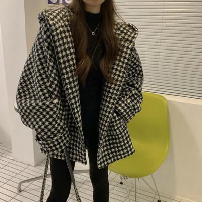 Women's Retro Houndstooth Wool Jacket Hooded Top Loose Ins Trendy