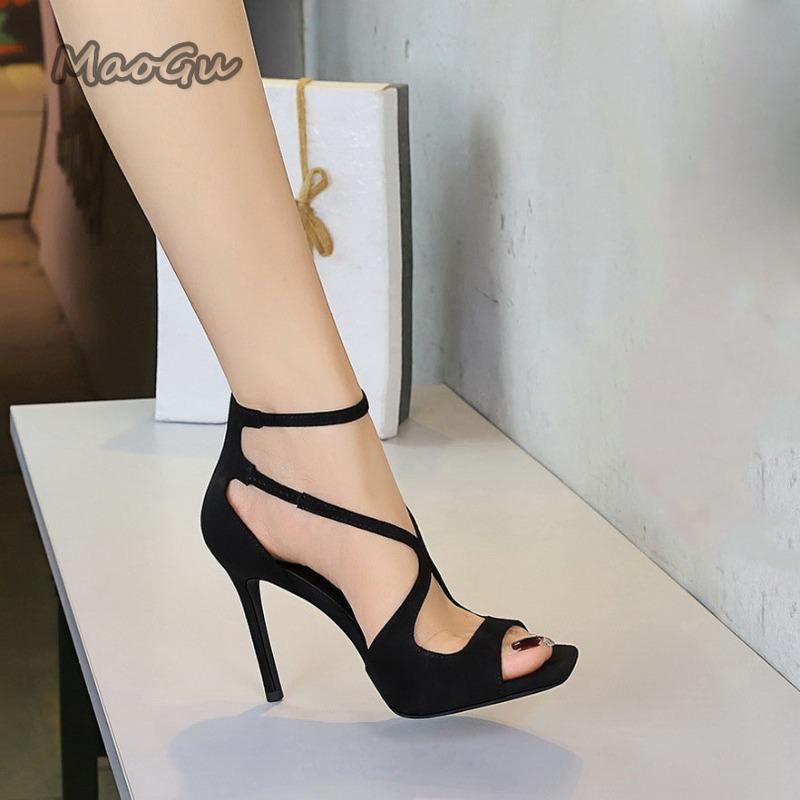 Fashion Sexy 10.5CM High Heels Women Stiletto Suede Leopard Black Pumps Square Head Peep Toe High Heeled Sandals Ankle Buckle Shoes
