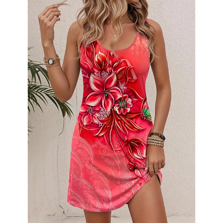 Women'S Bohemian Mini Dress A-Line Skirt Elegant and Stylish Casual Daily Floral Pattern Sleeveless Light Purple Tank Dress Tops