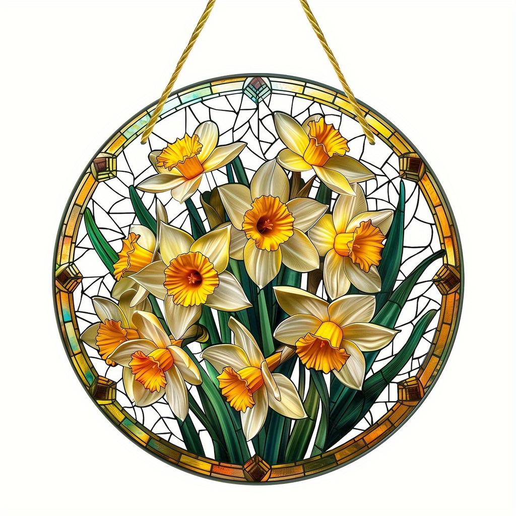 2D Flat Acrylic Garden Round Wall Hanging Decoration Sign, Daffodil Spring Sun Catcher, Nurseries, Vintage Home Decor Wall for Bar Kitchen