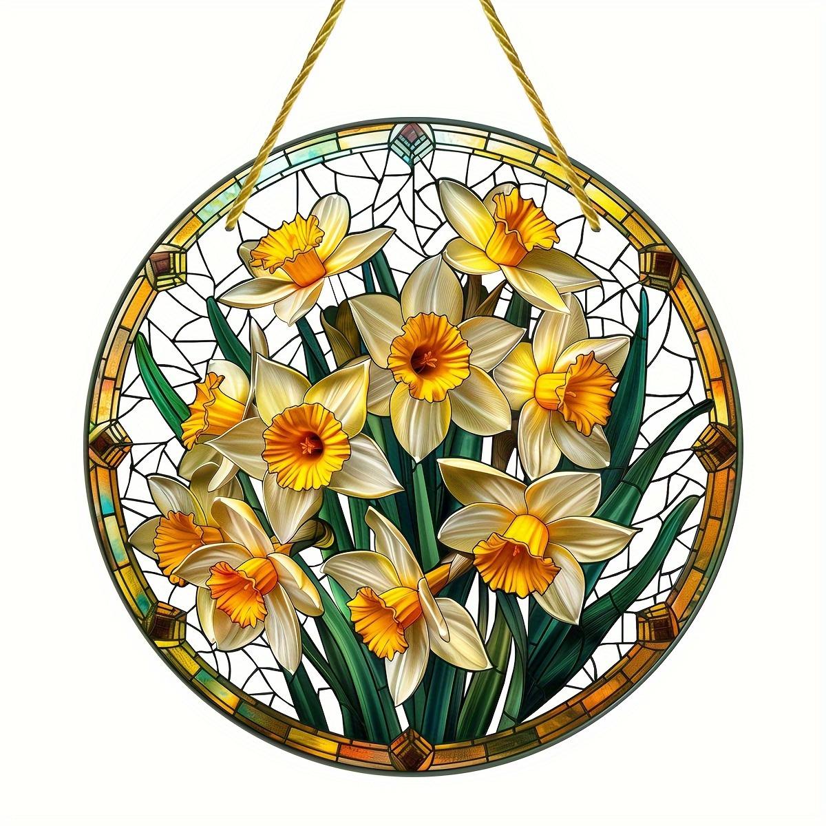 

2D Flat Acrylic Garden Round Wall Hanging Decoration Sign, Daffodil Spring Sun Catcher, Nurseries, Vintage Home Decor Wall for Bar Kitchen 20*20cm