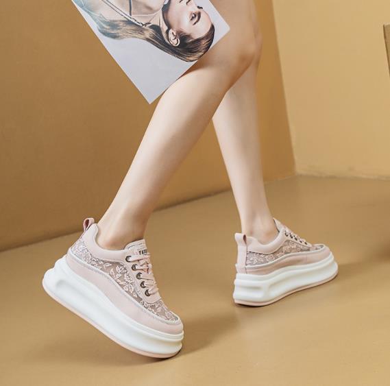 Fashion 7.5cm Summer New Women's Shoes Breathable Mesh Sole Versatile Petite Casual Increased Inner Heel Sponge Cake Thick Bottom Shoes