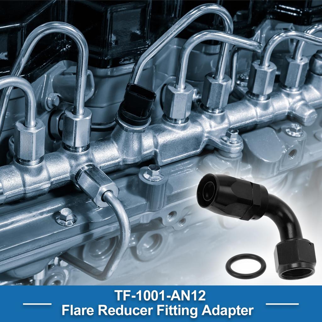 A ABSOPRO Female Flare Reducer Hose Fitting Adapter TF-1001-AN12 90° Fuel Line Connector Aluminum O Ring Black