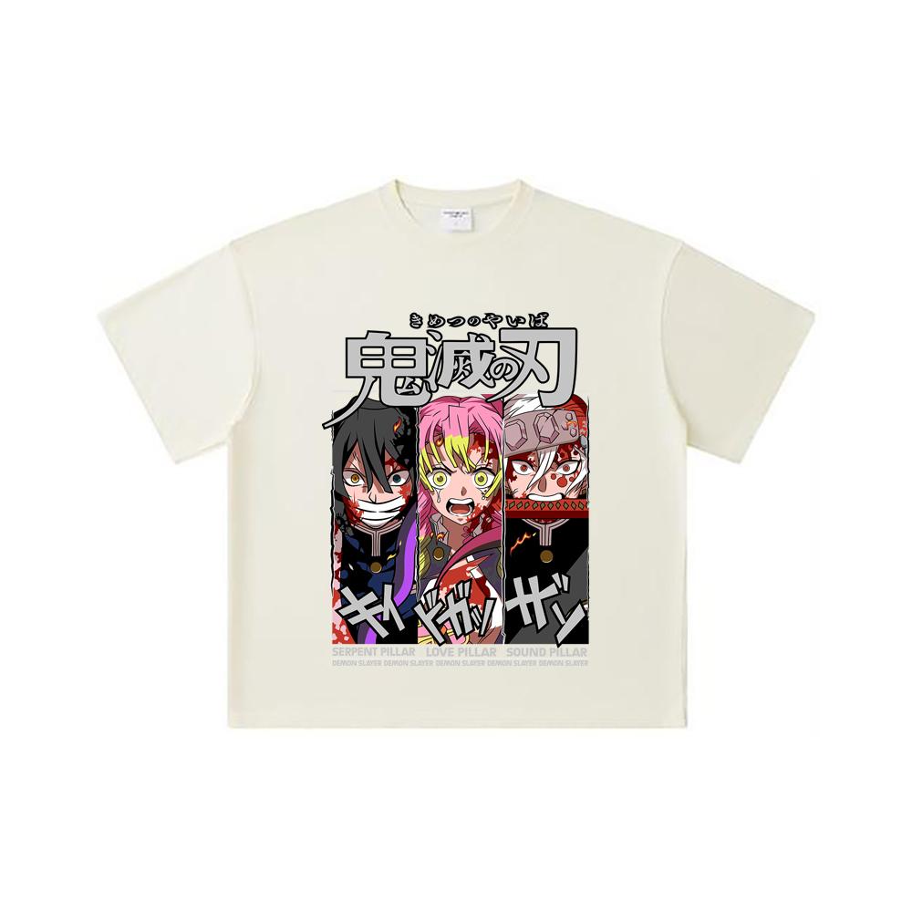 260 GSM Double Yarn 32 Count 100% Cotton Demon Slayer V59 Pillars Print Unisex Heavy Cotton T Shirt