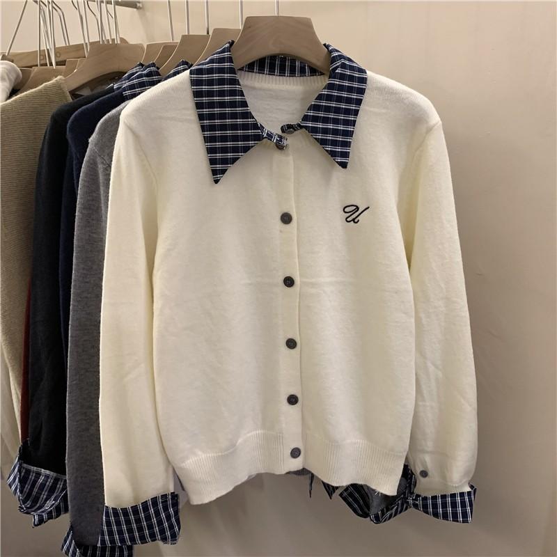 

Дизайн Sense Поддельный Два свитера Женский кардиган Осень Новая корейская версия Контрастная строчка Поло воротник Вязаный топ One size белый