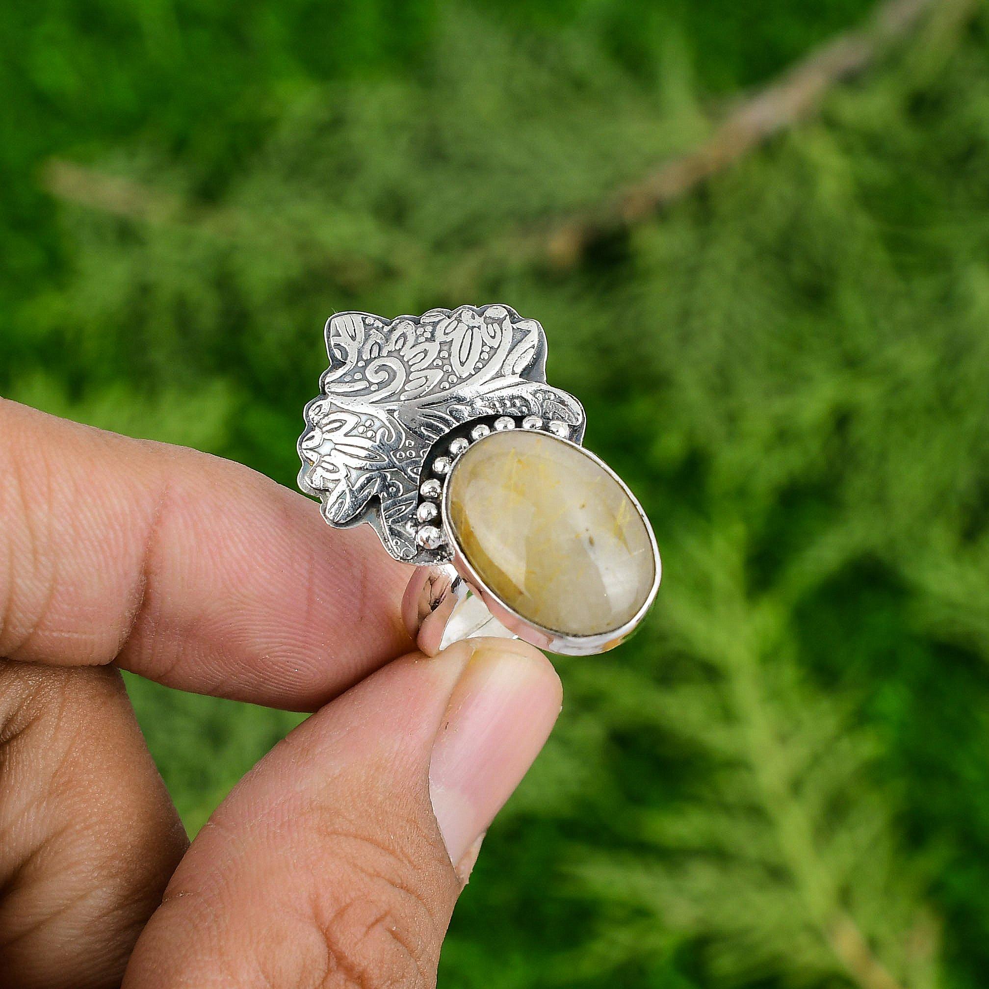 

Sterling Silver Oval Natural Golden Rutile Stackable Wedding Sister Ring Jewelry Adjustable