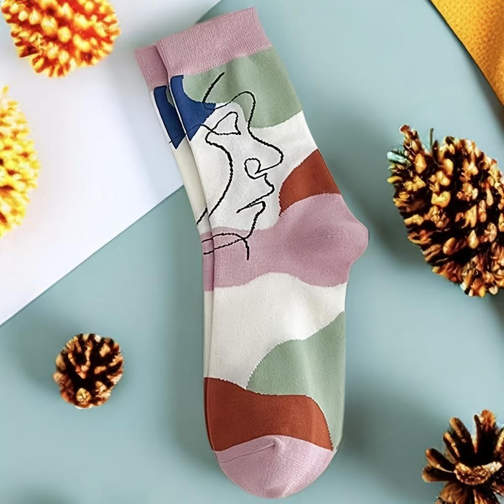 3 par strumpor med abstrakt ansikte - Konstnärlig oljemålning design tubstrumpor, bekväma vita med färgglatt abstrakt ansikte