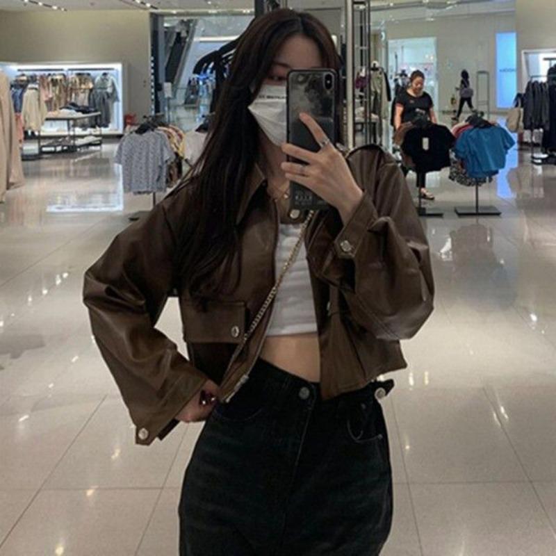 Trendy Biker Jacket Women Short Leather Coat Spring Autumn Winter Fashionable Versatile Outfit Petite Sizes