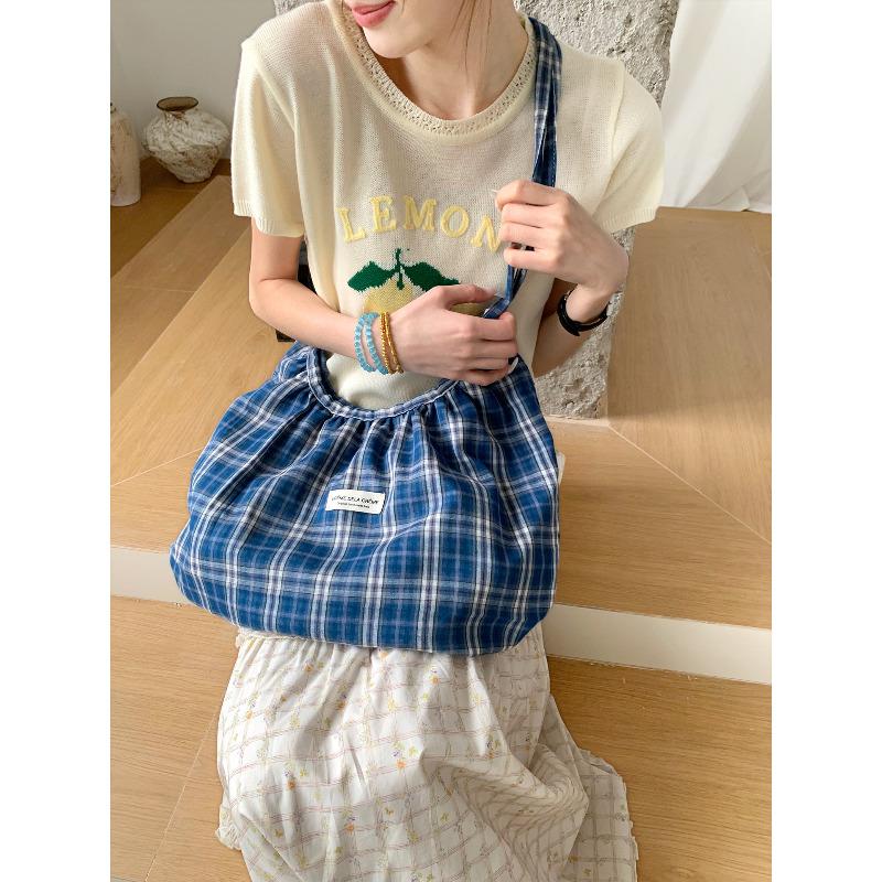 Korean Style Ruched Tote Bag, Plaid Large Capacity Shopping Handbag, Chic Versatile Single Shoulder Commuter Purse KTB