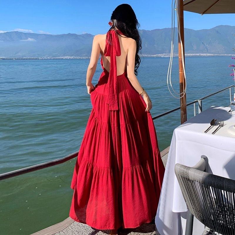 Seaside Desert Vacation Red Hanging Neck Dress Female Sanya Travel Wear Photo Sexy Backless Split Skirt