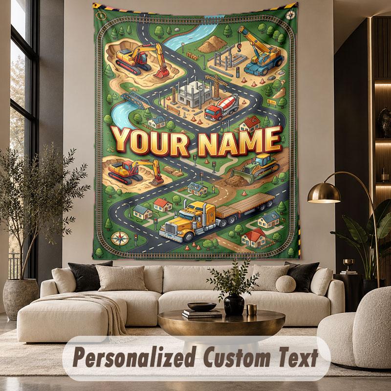 Construction Vehicles (19) Theme Custom Tapestry Personalized Custom Name Text Wall Hanging Tapestry Home Decor Background Cloth