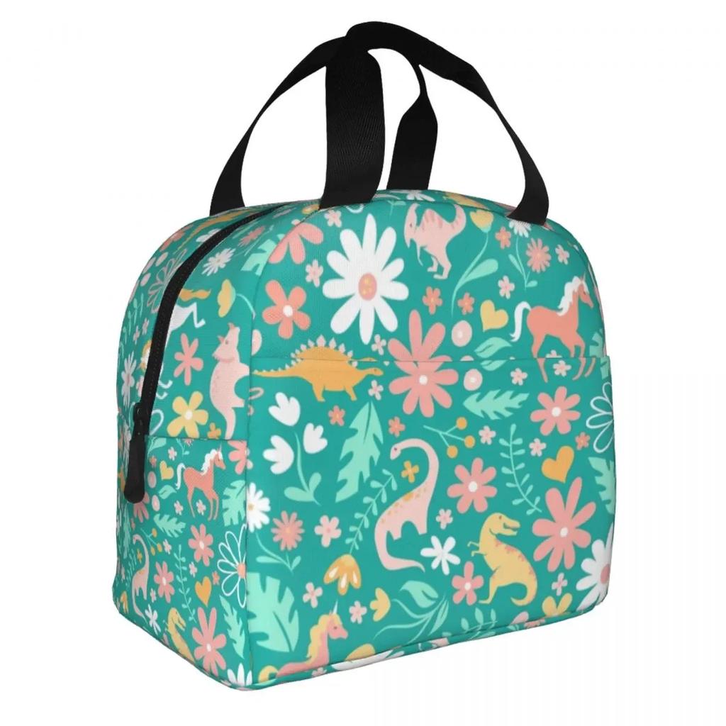 Cartoon Dinosaur Print Thermal Insulated Lunch Bag Women Portable Lunch Tote for Outdoor Camping Travel Multifunction Food Box