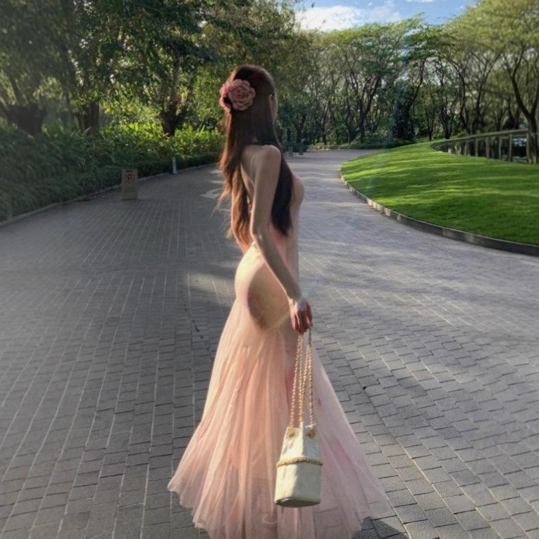 Pure desire wind floral mesh suspender dress women's summer temperament waist seaside vacation hip fish tail long skirt