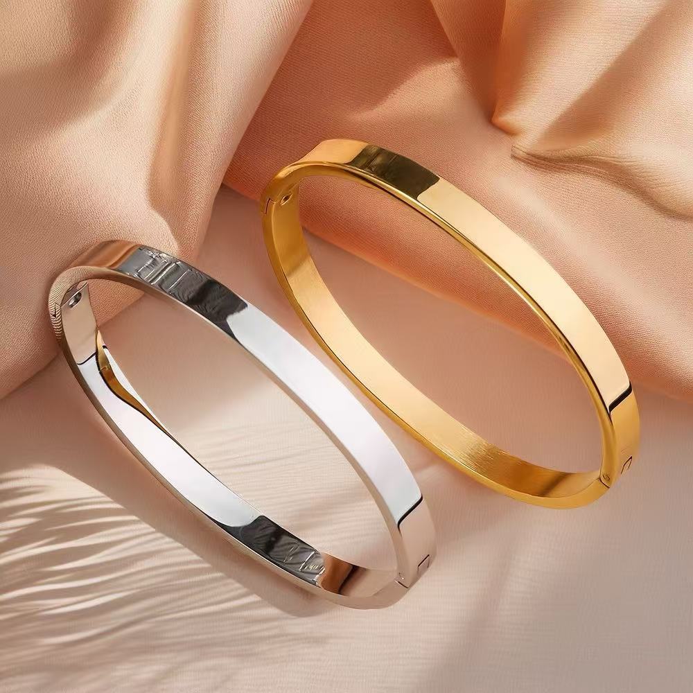 Titanium Steel Bracelet for Women, Simple 6mm Wide Glossy Fashionable Opening Buckle Egg-shaped Bracelet