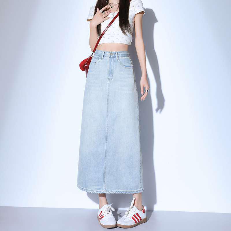 Light Blue Embroidered High-Waisted Denim Midi Skirt - Women s Slimming Hip-Hugging Slit Design M