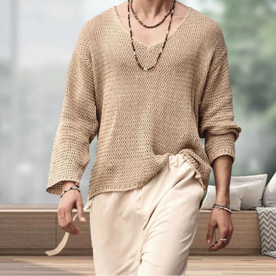 Spring Autumn Men Pullover Sweater V-Neck Long Sleeve Solid Color Knitted Tops Hollow