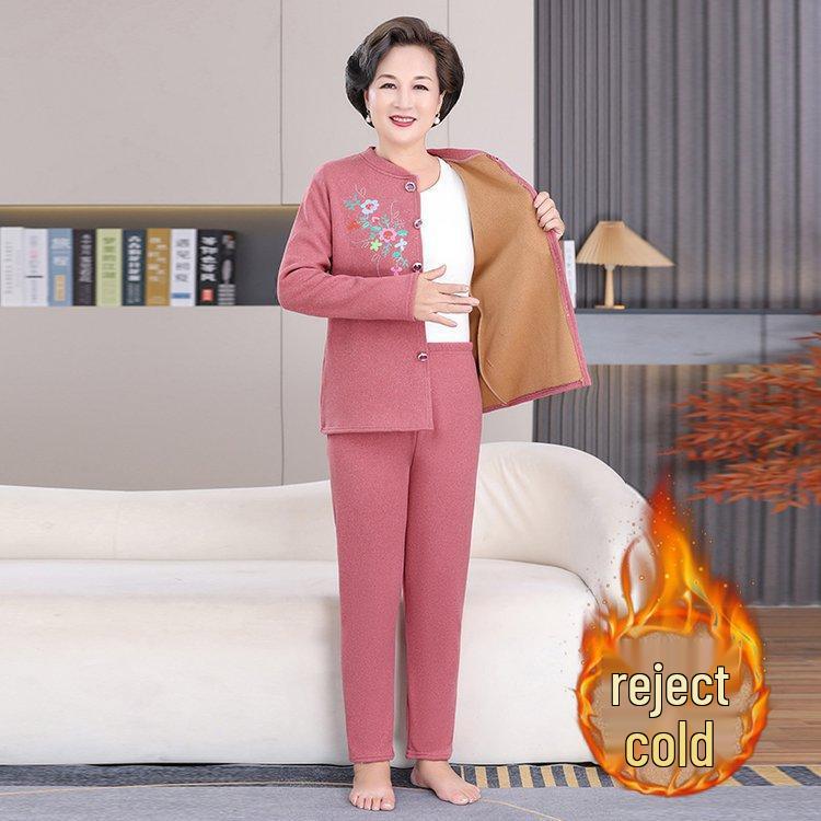 Thick Fleece-Lined Velvet Cardigan & Pants Set for Elderly Women, Plus Size - Perfect Winter Wear for Moms