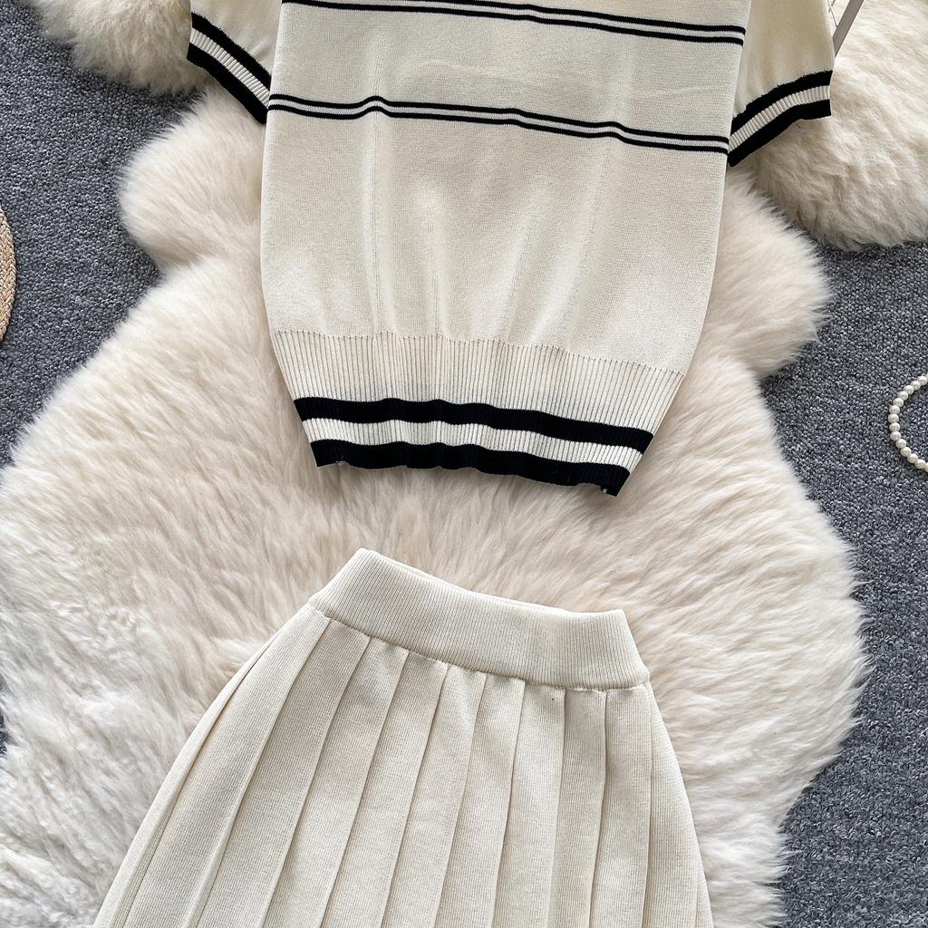 Summer Women Knitted Sweater College Letter Two Piece Set Fashion Girl Single Breasted Cardigan Top and Mini Pleated Skirt Suit