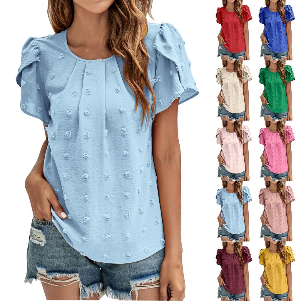 Moda damă plisată cu gât rotund, ocazional, culoare solidă, cu mâneci petale, top lejer