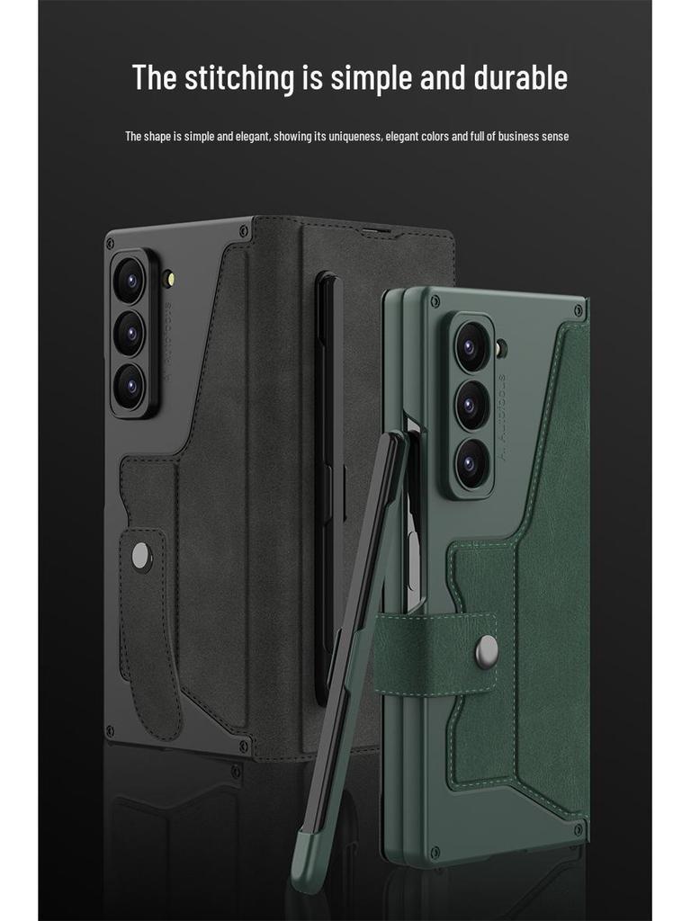 Samsung Z Fold7 Business Style Armor Flip Case with Pen Slot, Card Holder, and Screen Protector.