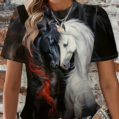 Women T-shirt 3d Horse Print Tshirt Women Fashion Crew Neck Short Sleeve T-shirt Animal Graphic T Shirt Ladies Tops Tees Y2k