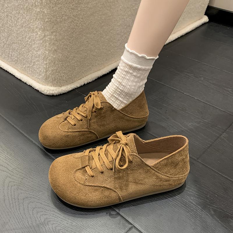 Fashion Suede Front Lace-up Flat Shoes Autumn New Round Toe Deep Mouth Non-slip Wear-resistant Single Shoes