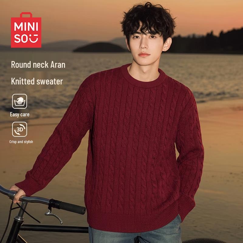 MINISO Men's American Retro Cable Knit Crew Neck Sweater