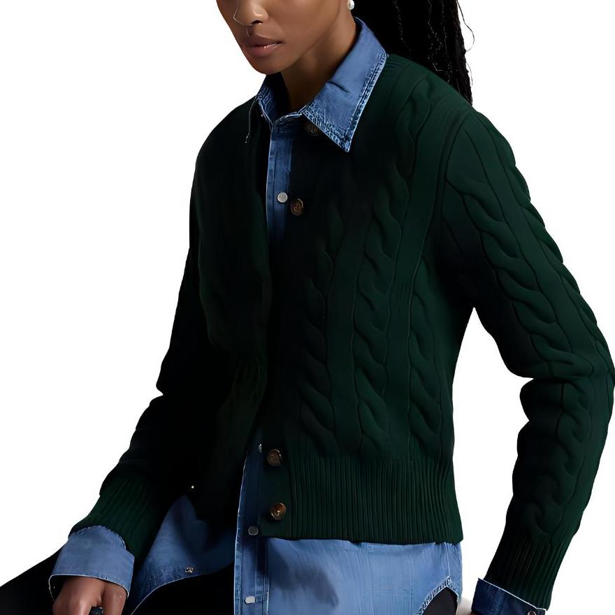 Polo Ralph Lauren FW24 Embroidered Logo Pattern Wool Cashmere Blend Cable Knit Ribbed Crew Neck Button Front Long Sleeve Sweater WMPOSWENDW20302-300