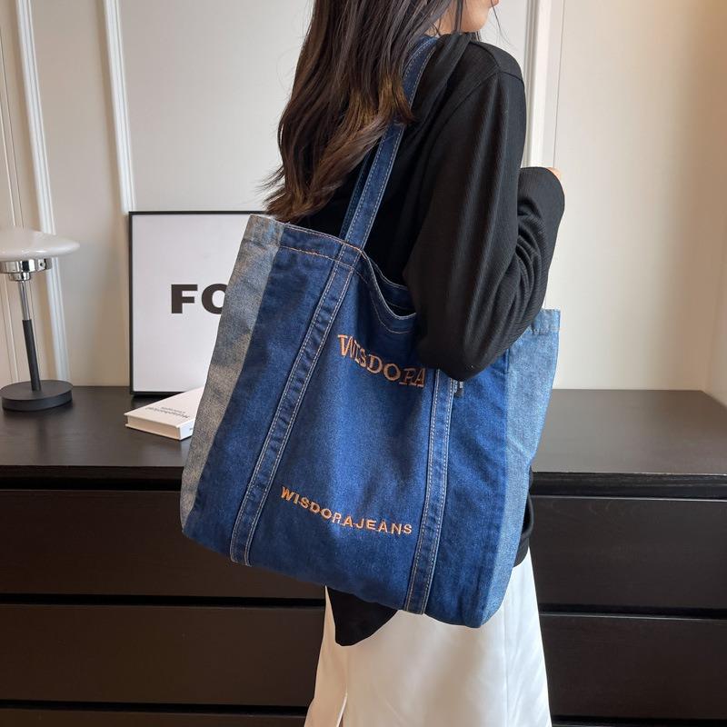 New Casual Denim Bag Women Large Capacity Shoulder Bag Letter Embroidery Denim Tote Bag