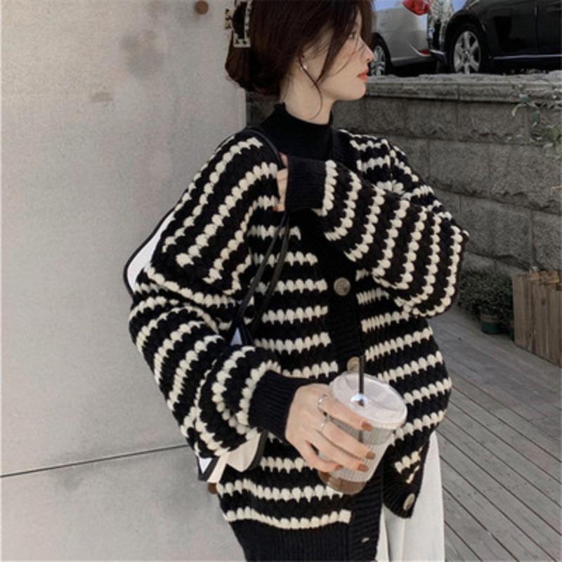 Knitted Cardigan Autumn and Winter Clothing New Model with Lazy Wind Striped V-neck Thickened Sweater Jacket Women
