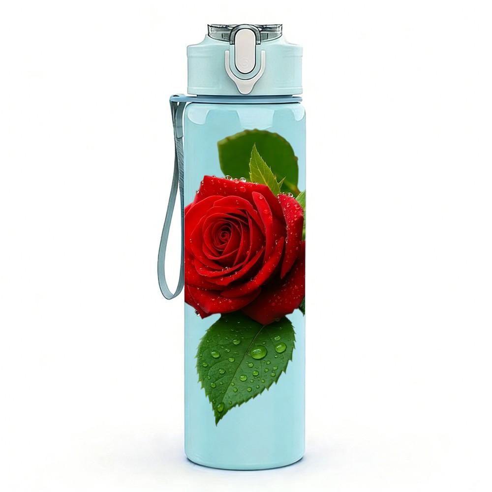 1PC Single Vivid Red Rose Bloom Print 750ml Color Plastic Sports Water Bottle Leakproof Flip Straw Lid Suitable for Sports Office Home Use