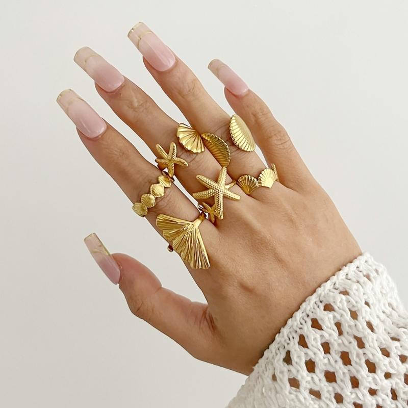 6 Piece Marine Summer Jewelry Adjustable Rings Set Starfish Shell Design Alloy Stackable Gift for Her Beach Holiday