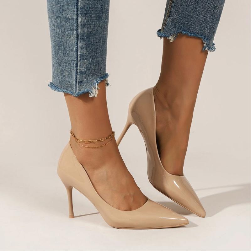 Fashion 2025 New Nude Pumps for Women High Heel Shoes Female Fashion Patent Leather Sexy Pointed Toe Thin Heel Wedding Shoes Plus Size