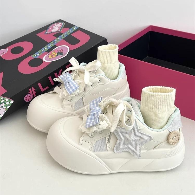 

2025 Новые милые кроссовки с дизайном звезды для женщин Розовый бантик Кроссовки на толстой подошве Женские повседневные теннисные туфли Zapatillas De Mujer 35 синий