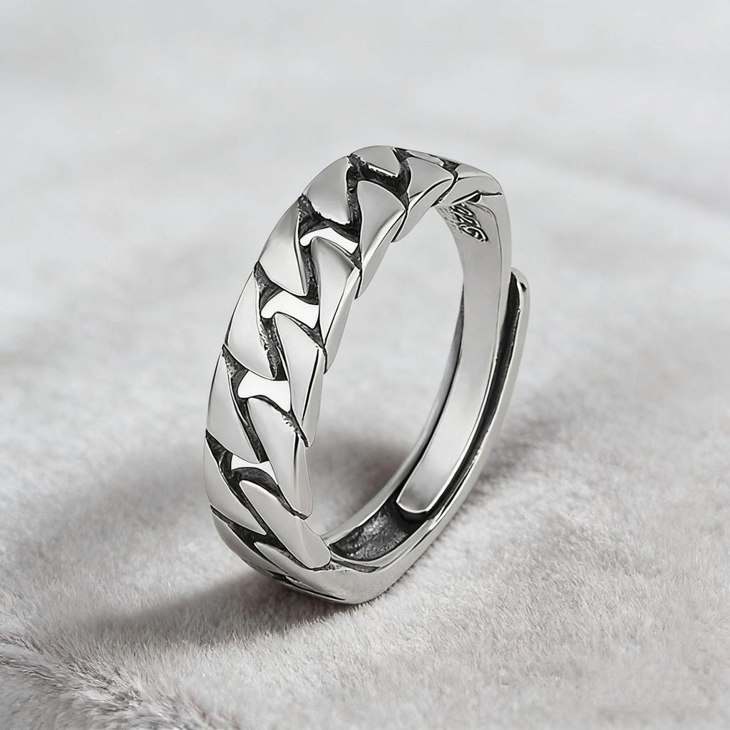 CaiYi S925 Sterling Silver Twist Chain Ring - Trendy Unisex Design