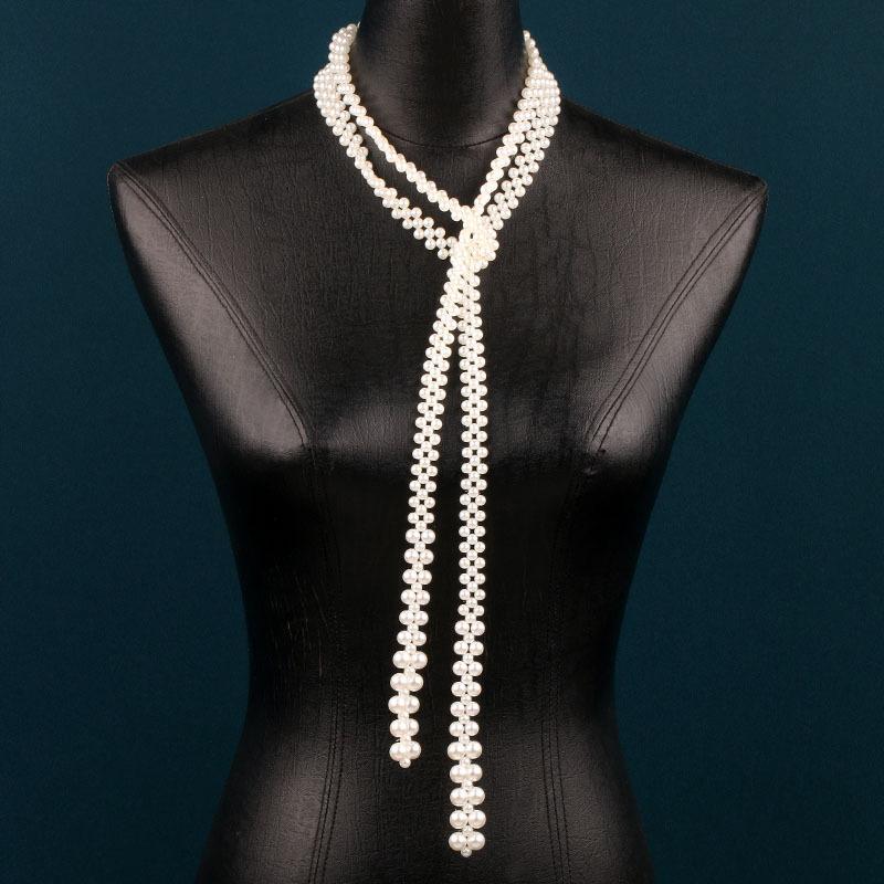 

Women Faux Pearl Long Sweater Necklace Elegant Evening Gown Accessories Multi Way Wear Creative Tie Design Fashion Neck Jewelry